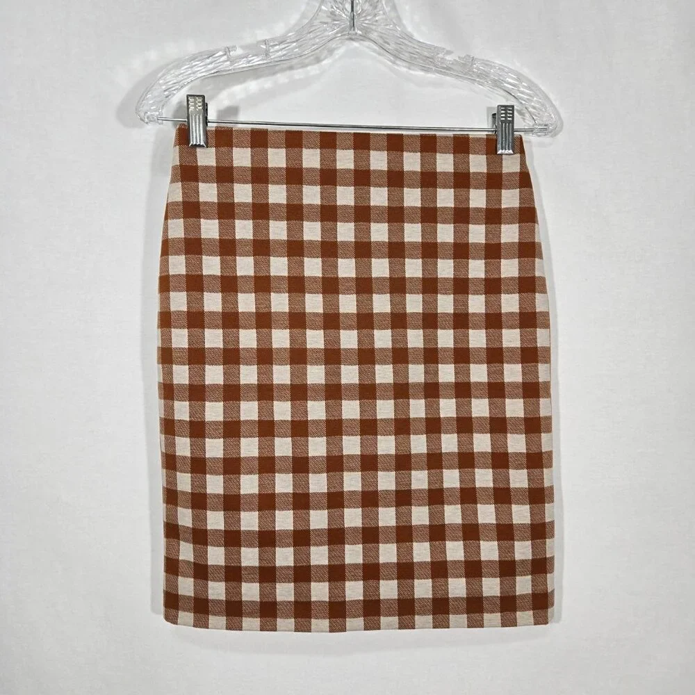 ACADEMIA - SIREN Brown & Beige Checkered Ponte Knit Pencil Mini Skirt PETITE XSP - Picture 5 of 16